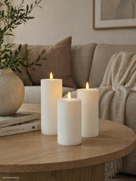 Touch-Control LED Candle Set – 3 Sizes, Ribbed White Wax & Wireless Flameless