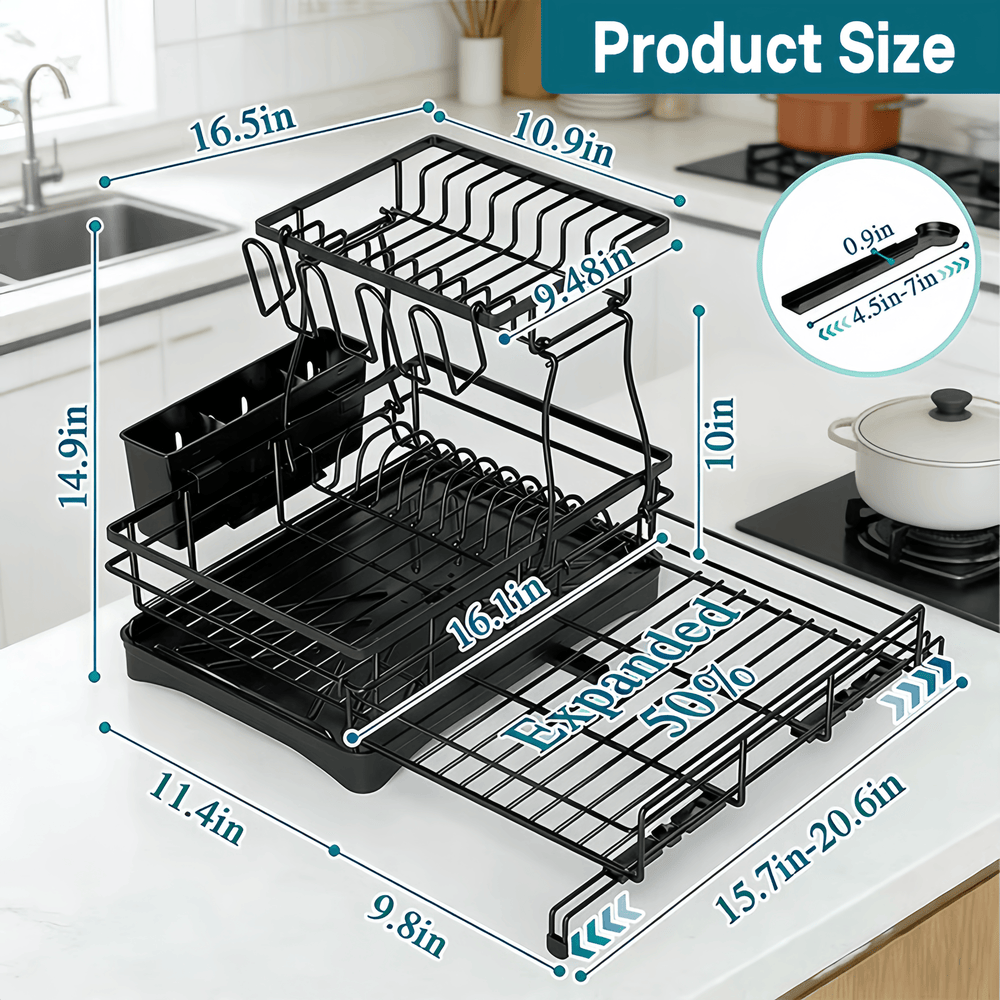 2-Tier Dish Drying Rack – Expandable, Drip Tray & Cutlery Holder