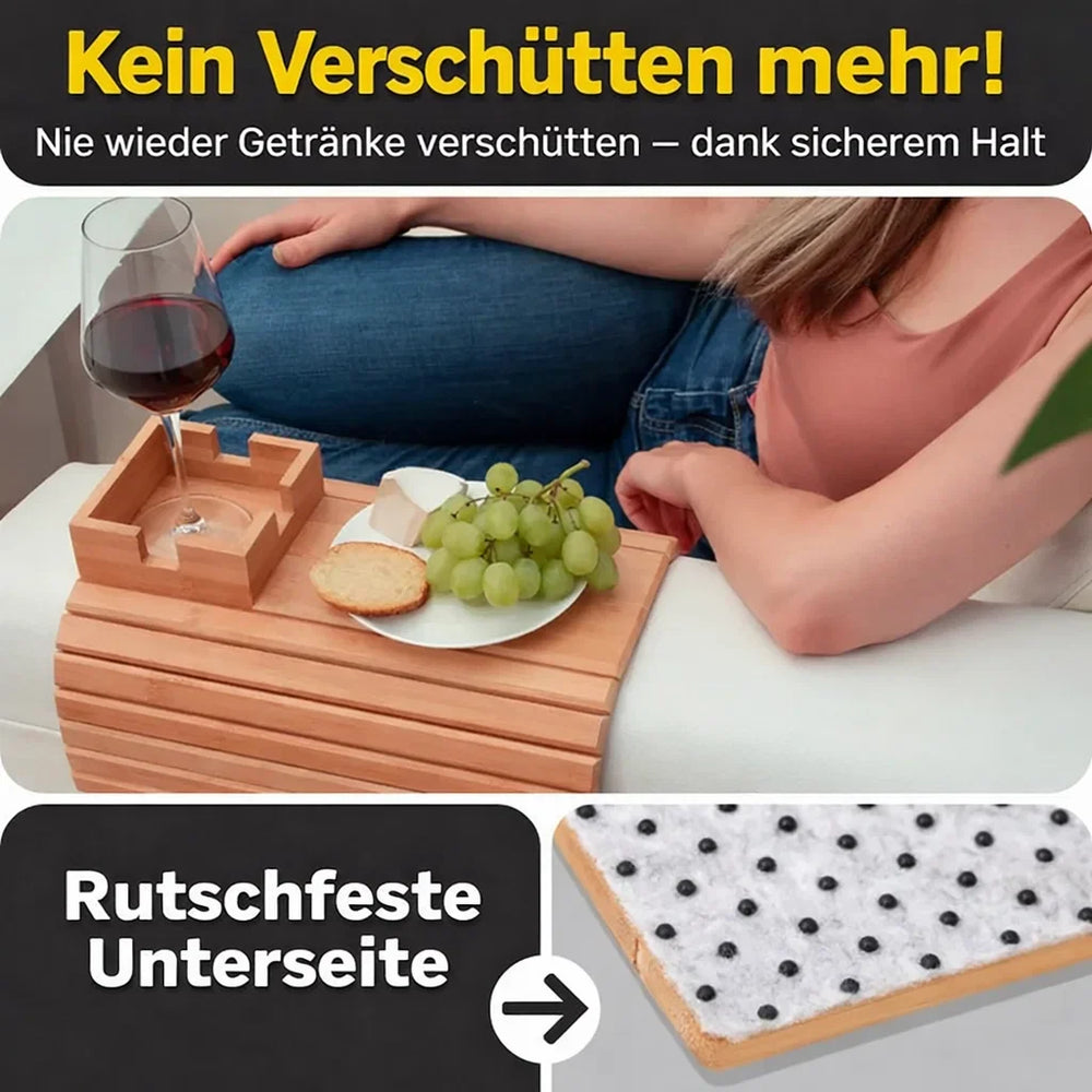 Enhanced Product Title: "Umweltfreundlicher Bambus Armlehnen Tablett – Praktischer Becher- und Snackhalter für das Sofa" 

This title maintains the original meaning while improving clarity and appeal for Google Shopping.