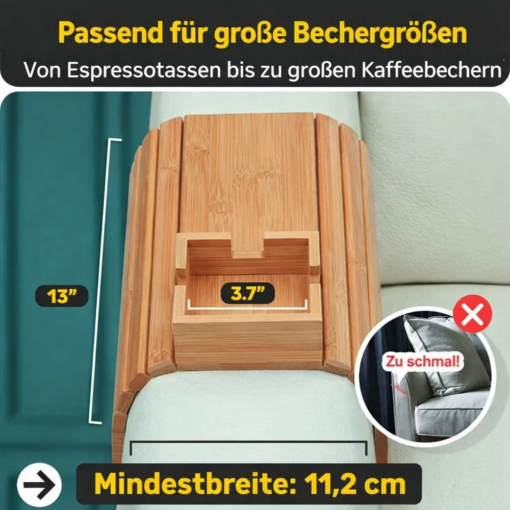 Enhanced Product Title: "Umweltfreundlicher Bambus Armlehnen Tablett – Praktischer Becher- und Snackhalter für das Sofa" 

This title maintains the original meaning while improving clarity and appeal for Google Shopping.