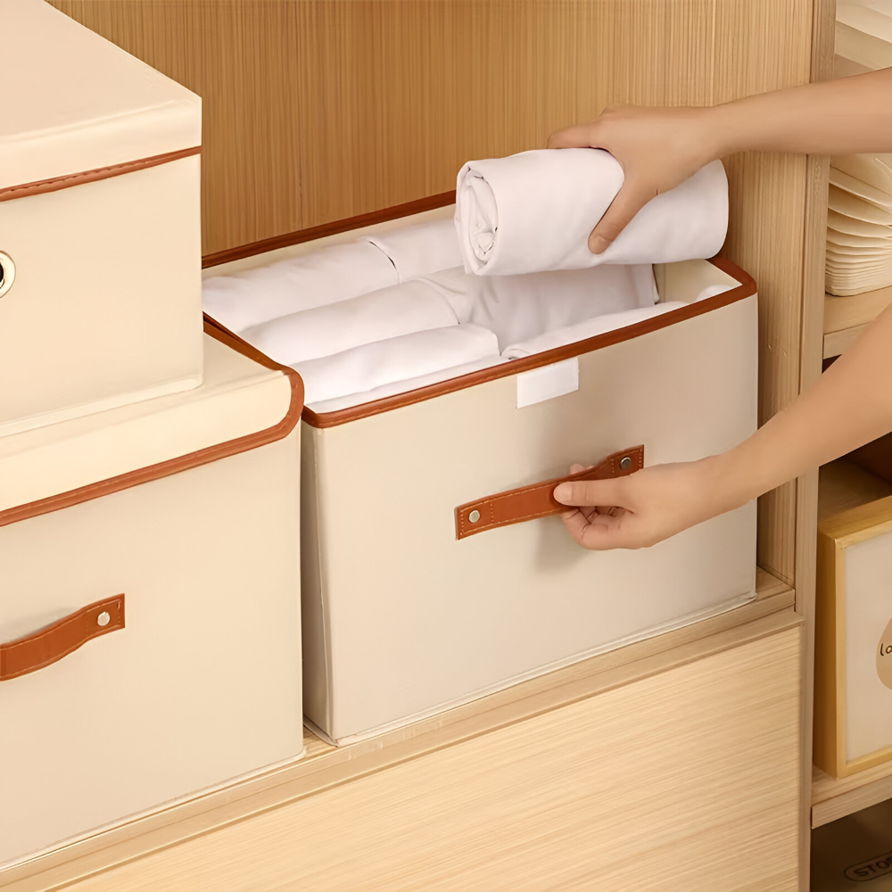 Foldable Storage Box – Lid, Leather Handles & Water-Resistant Oxford Fabric