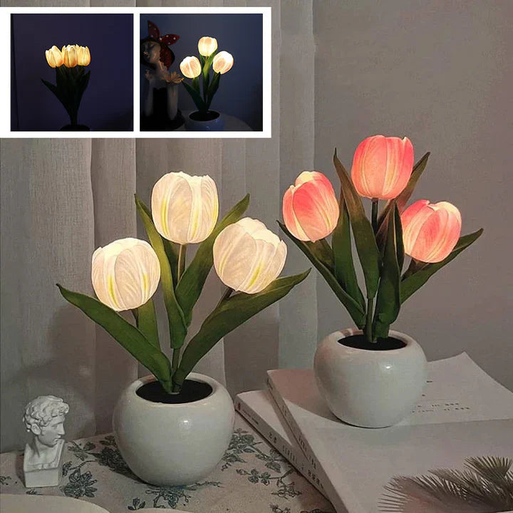 Stilvolle Tulpen-LED-Tischlampe im Keramiktopf – Warmes Dekorlicht für Gemütliche Atmosphäre