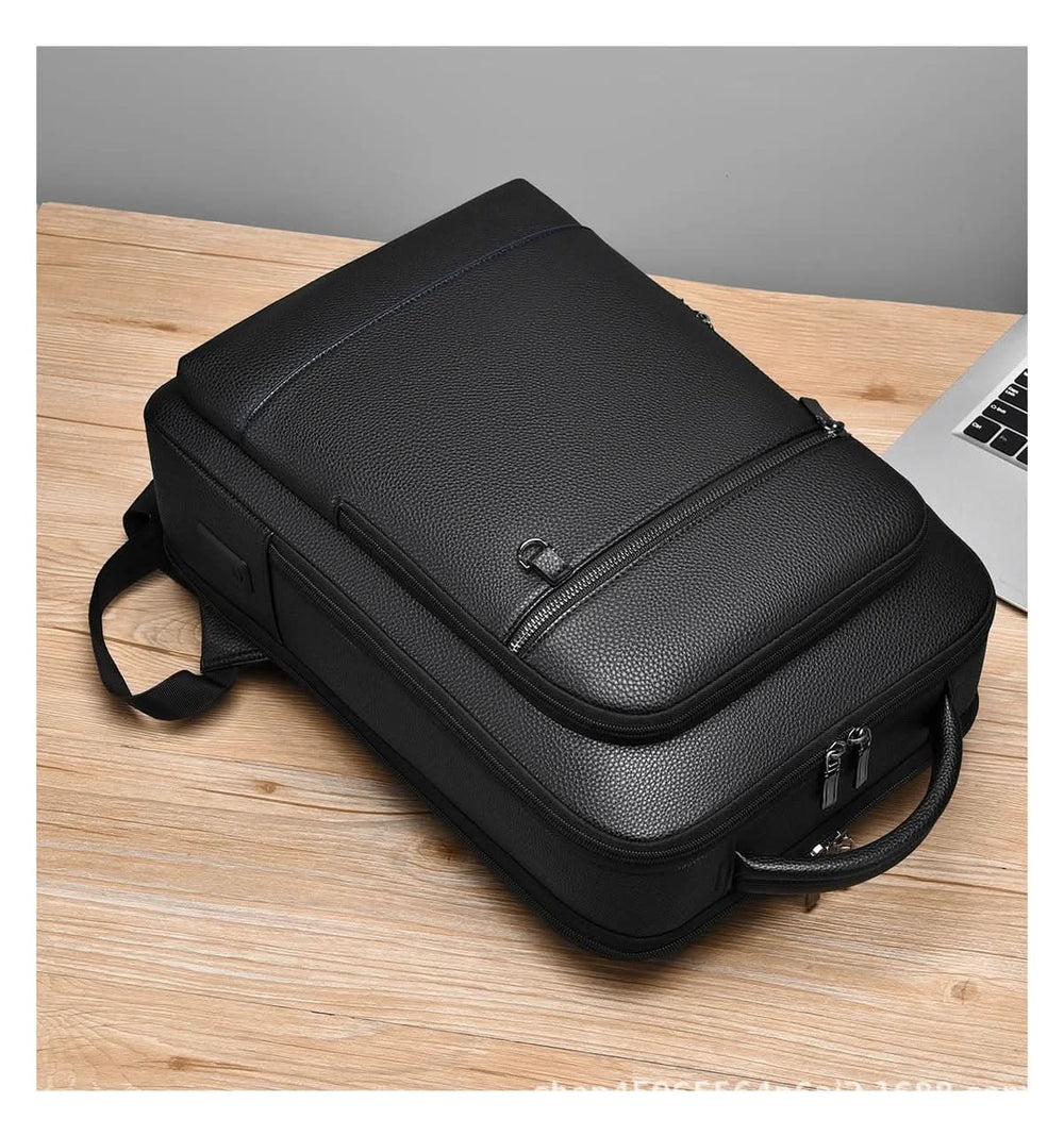 Men's Leather Laptop Backpack – USB Charging Port, 15.6-Inch Sleeve & PU Leather