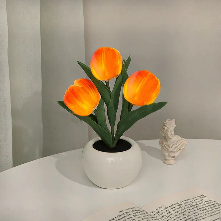 Stilvolle Tulpen-LED-Tischlampe im Keramiktopf – Warmes Dekorlicht für Gemütliche Atmosphäre