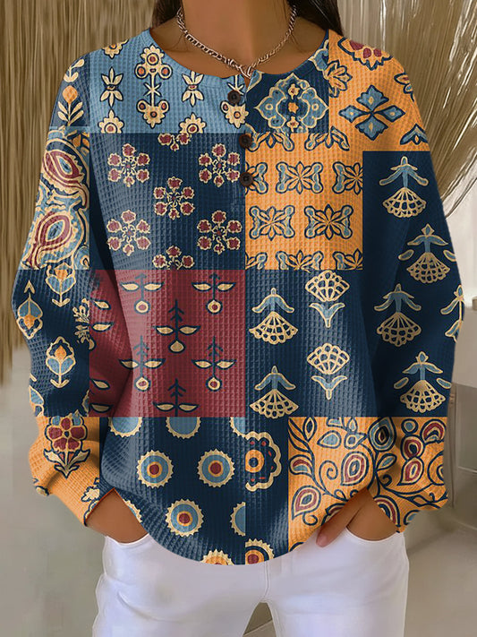 Anika Ethnic Check Pattern Pullover with Floral Print - Stylish Women's Sweater