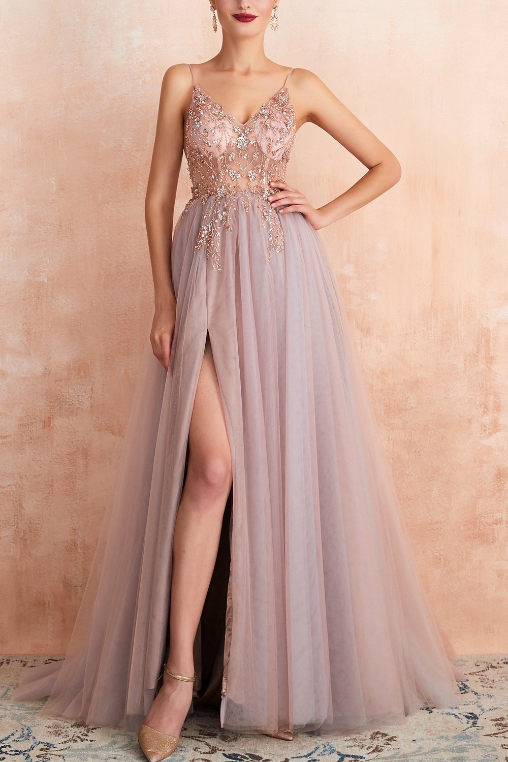 Elena – Tulle Evening Gown with V-Neck &amp; Slit