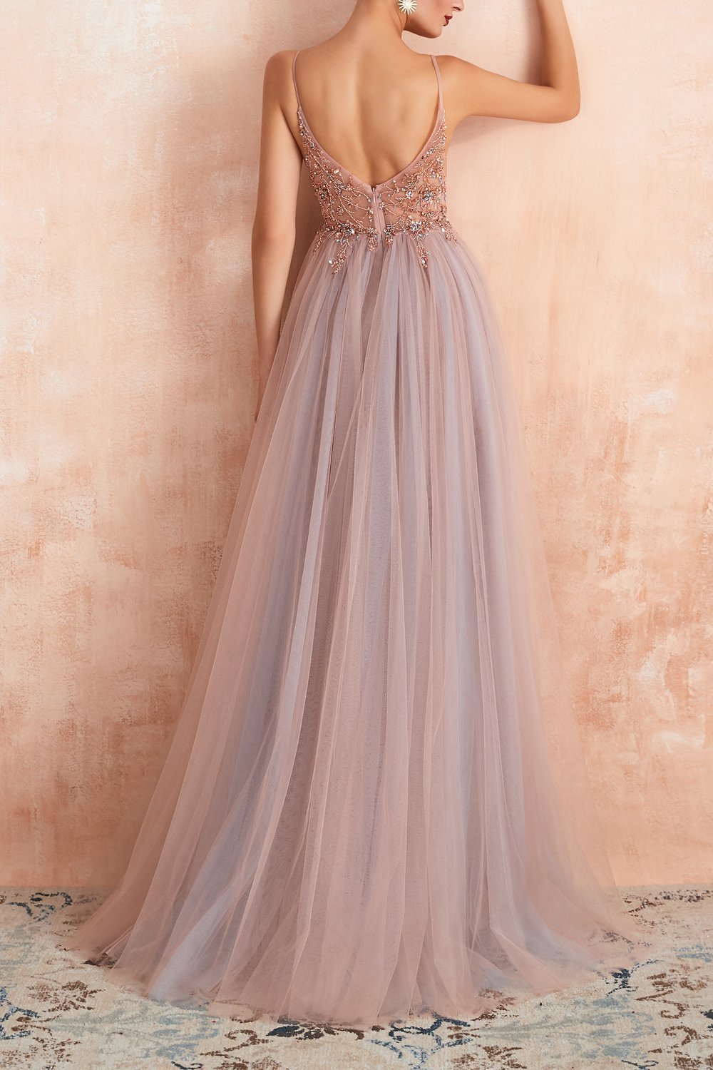 Elena – Tulle Evening Gown with V-Neck &amp; Slit