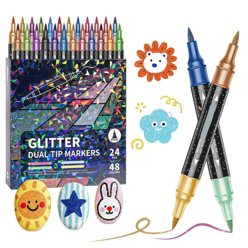 Dual-Tip Glitter Marker Pens – Brush & Fine Tip, Non-Toxic Water-Based Ink