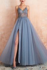 Elena – Tulle Evening Gown with V-Neck &amp; Slit