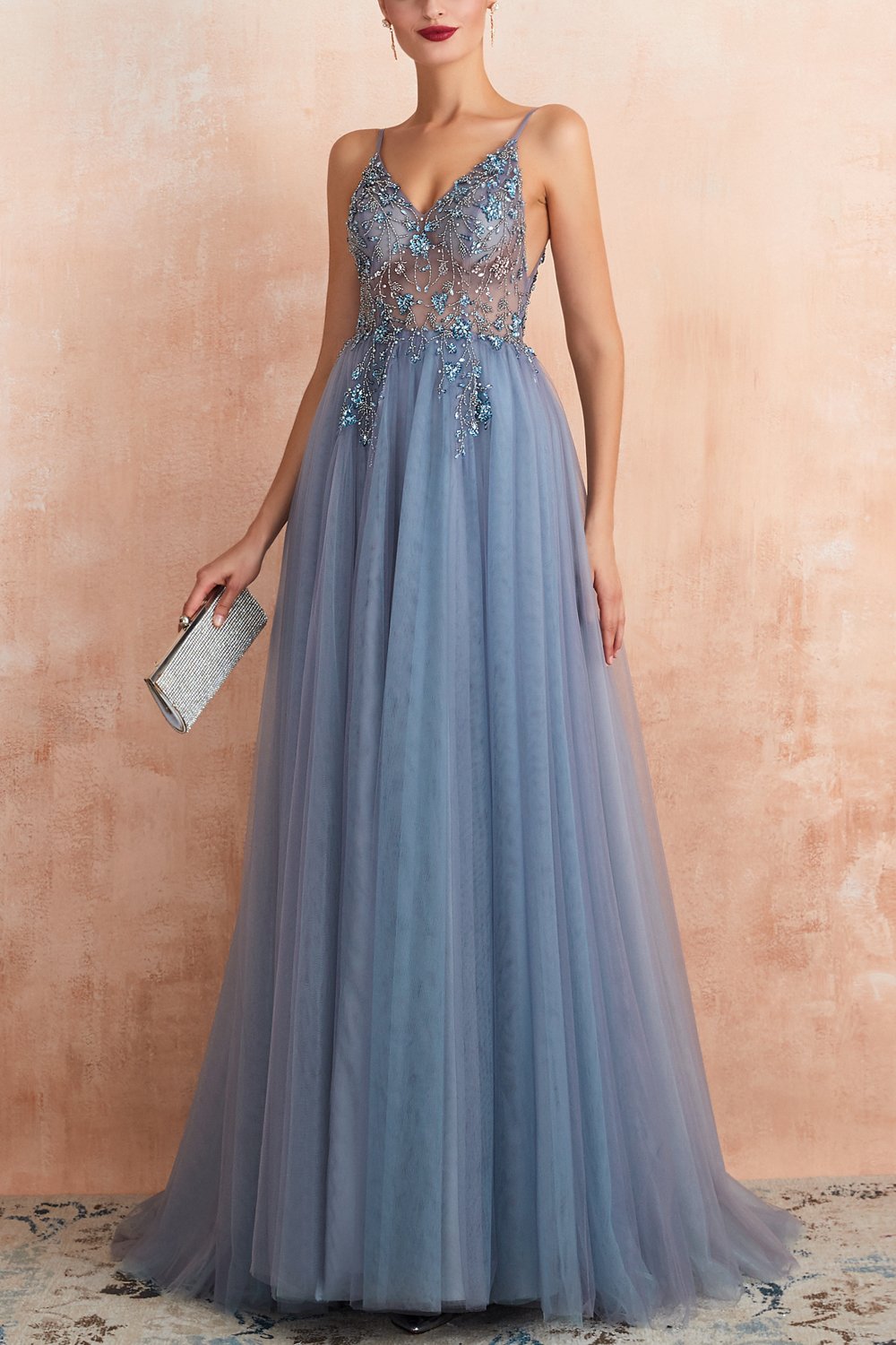 Elena – Tulle Evening Gown with V-Neck &amp; Slit