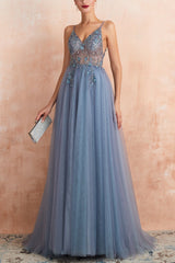Elena – Tulle Evening Gown with V-Neck &amp; Slit