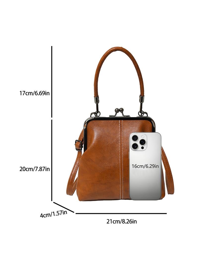 Vintage Kiss-Lock Handbag – Women's, Faux Leather & Detachable Crossbody Strap
