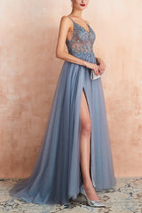 Elena – Tulle Evening Gown with V-Neck &amp; Slit