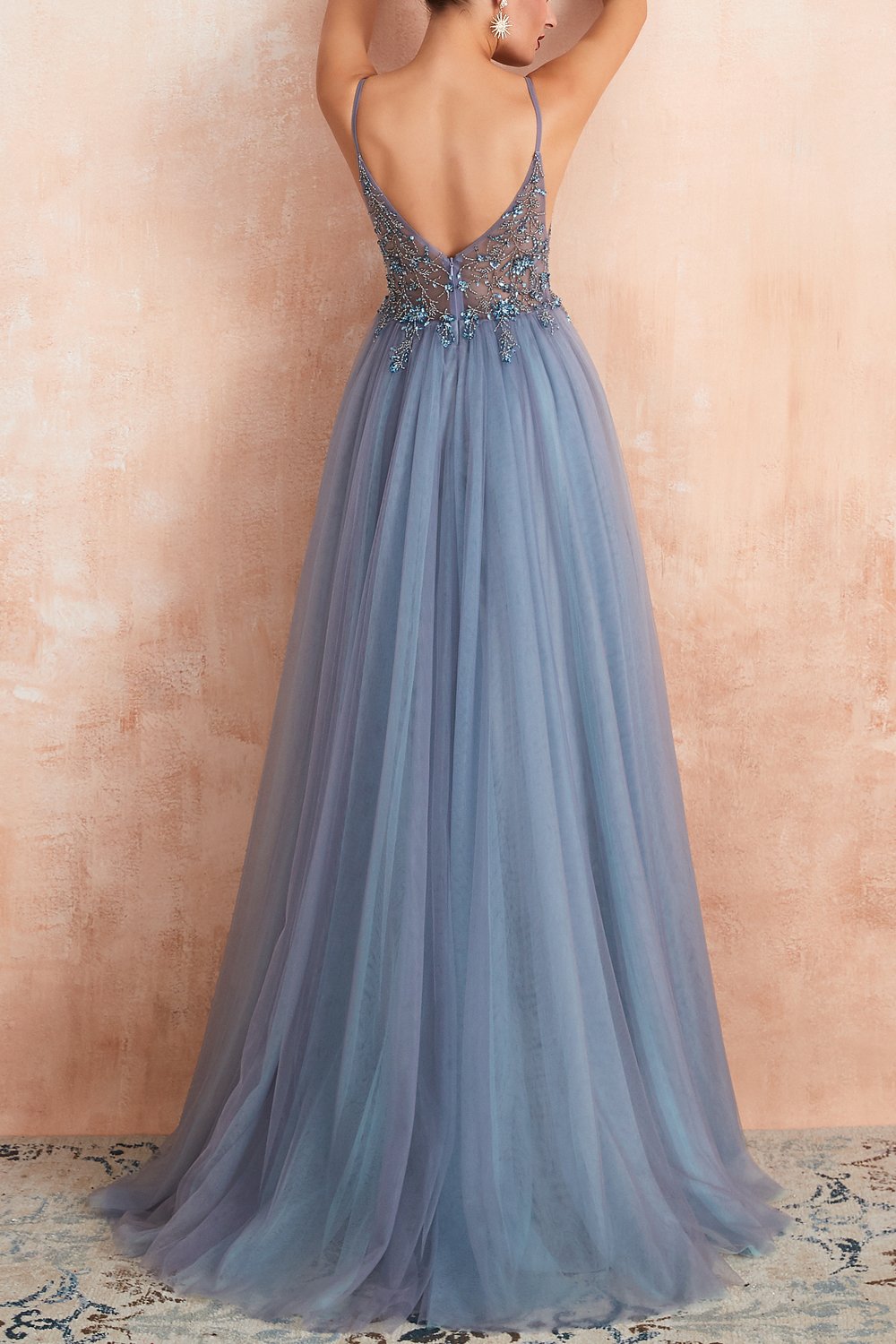 Elena – Tulle Evening Gown with V-Neck &amp; Slit