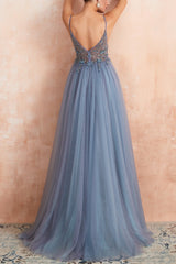 Elena – Tulle Evening Gown with V-Neck &amp; Slit