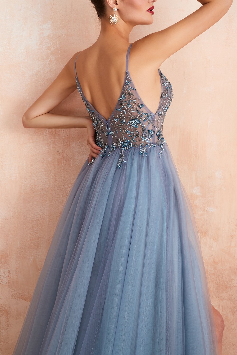 Elena – Tulle Evening Gown with V-Neck &amp; Slit