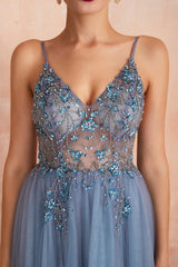 Elena – Tulle Evening Gown with V-Neck &amp; Slit