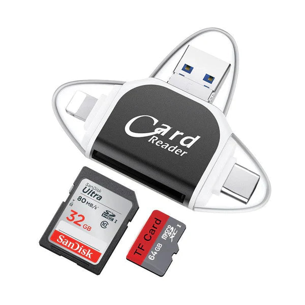 4-in-1 Memory Card Reader – USB, USB-C, Micro-USB & Lightning, SD & MicroSD