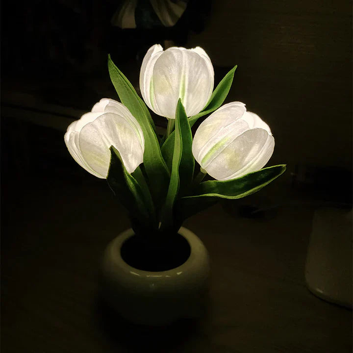 Stilvolle Tulpen-LED-Tischlampe im Keramiktopf – Warmes Dekorlicht für Gemütliche Atmosphäre