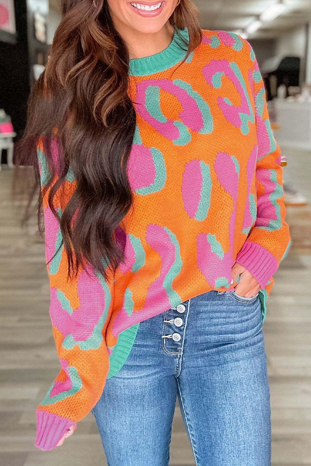 Ladies' Sweater With Color Block Leopard Print And Round Neck - Liora