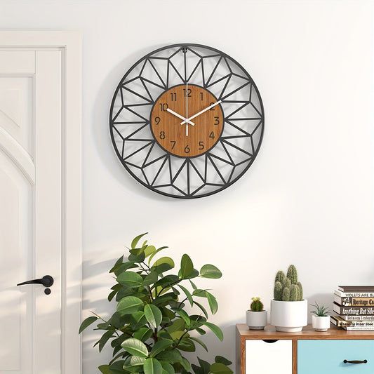 Wall Clock – Modern Metal Frame, Wood Grain Centre & Silent Movement