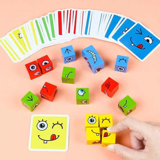 3D Wooden Face Puzzle – 16 Cubes, 64 Expression Cards & Bell
