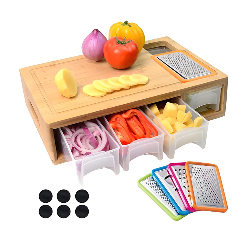 Bamboo Cutting Board Set – 4 Graters, Slide-Out Trays & 40×26cm