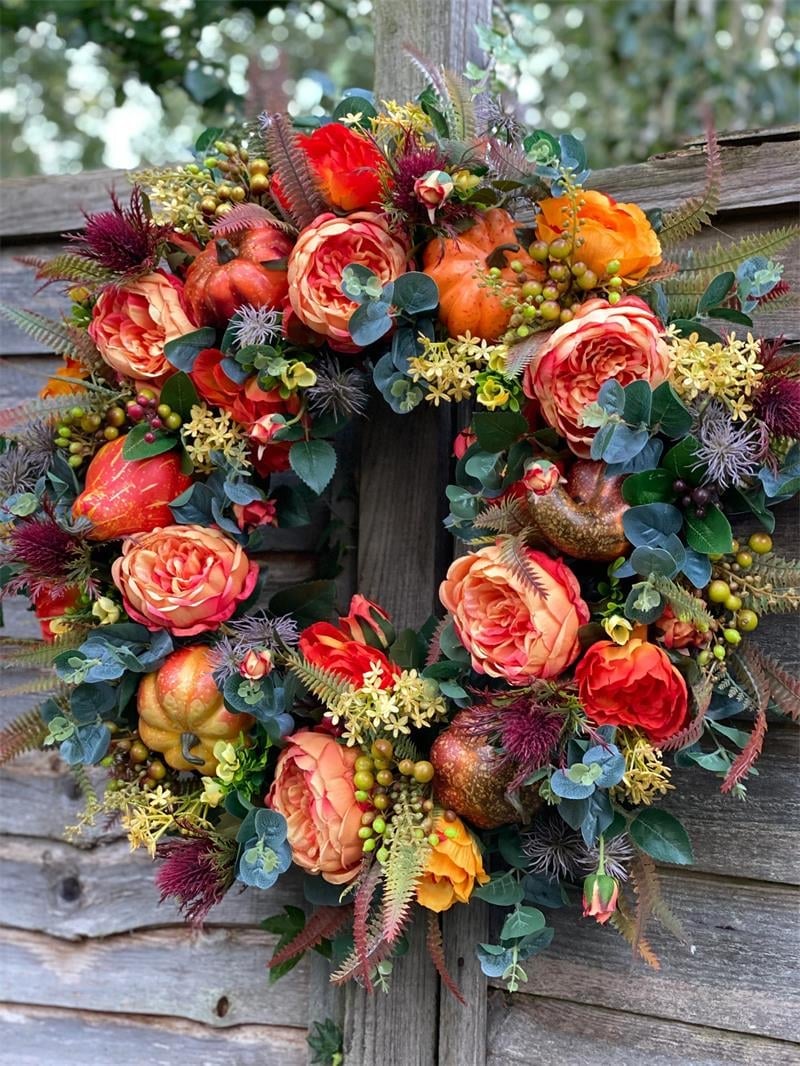 Peony & Pumpkin Door Wreath – Handcrafted, 40/50cm, Indoor & Outdoor