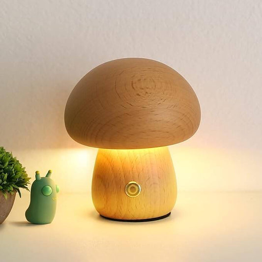 Mushroom Lamp – Natural Wood, Rechargeable & Night Light Design