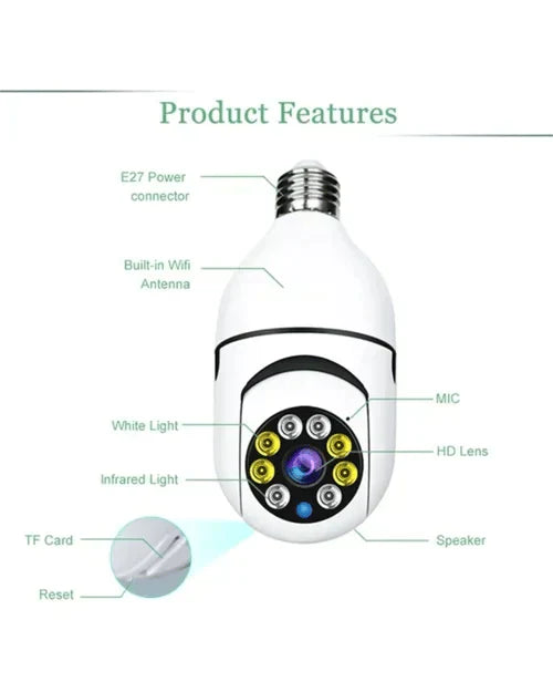 E27 Wireless Security Camera – 1080p, 360° Pan-Tilt & Infrared Night Vision