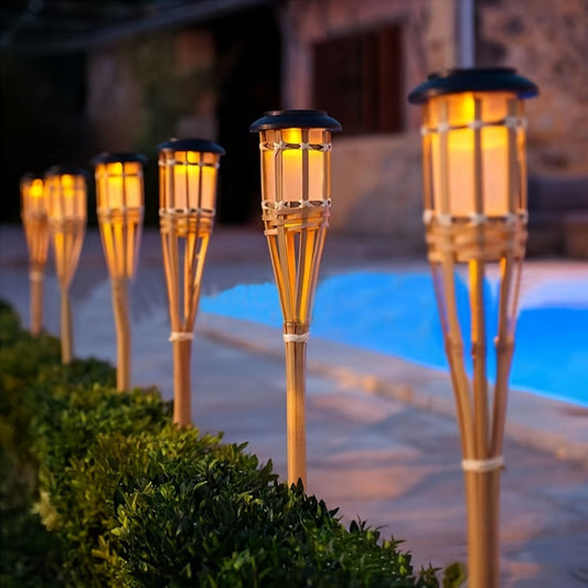 Solar Garden Lanterns – Bamboo Flame Design, 12-LED Light & 2-Pack Outdoor Set