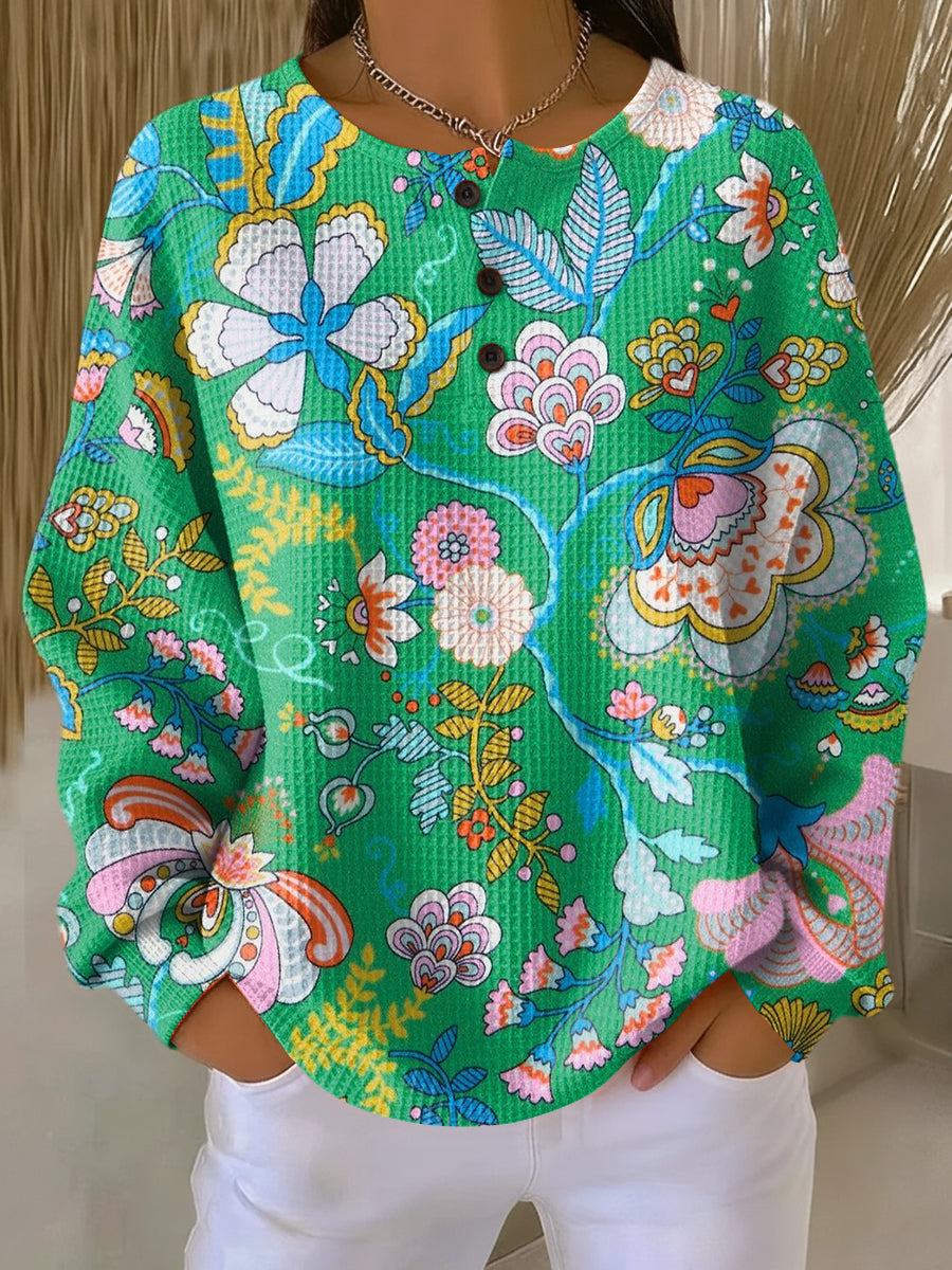Elina Ethnic Floral Pattern Pullover - Vibrant Colorful Sweater for Women