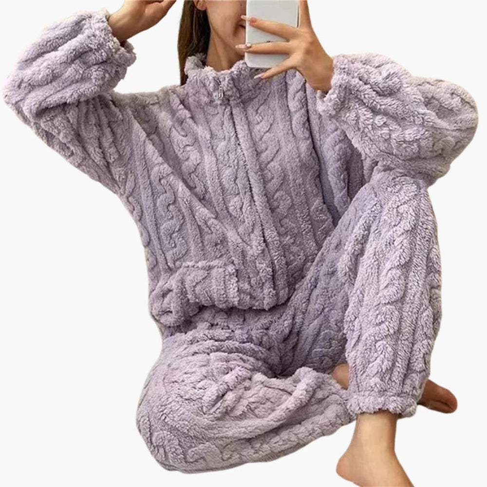 Women's Pajama Set – Fleece, Zipper Top & Long Pants