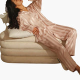 Women's Pajama Set – Satin, Button Top & Stripe Design