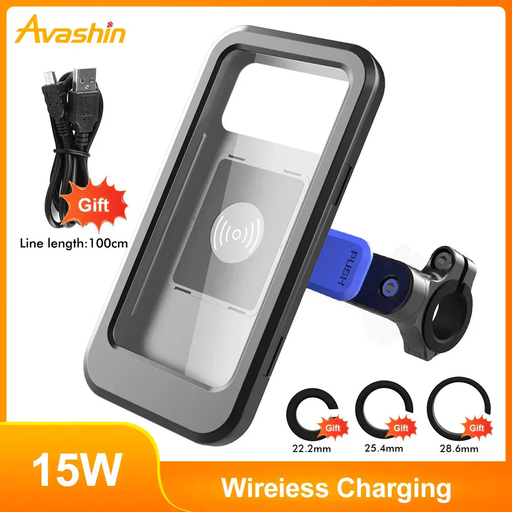 Waterproof Bike Phone Mount – 15W Wireless Charging, 5000mAh, Fits 4.5–6.8 Inch Phones