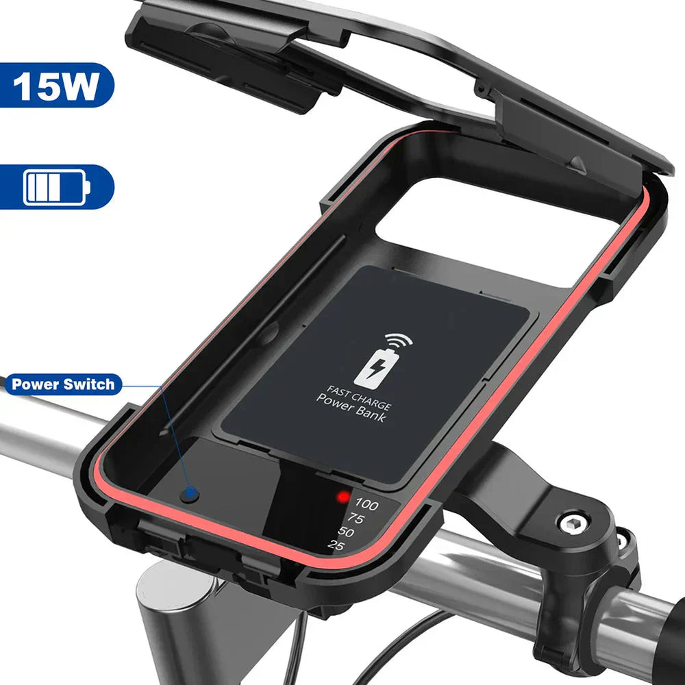 Waterproof Bike Phone Mount – 15W Wireless Charging, 5000mAh, Fits 4.5–6.8 Inch Phones