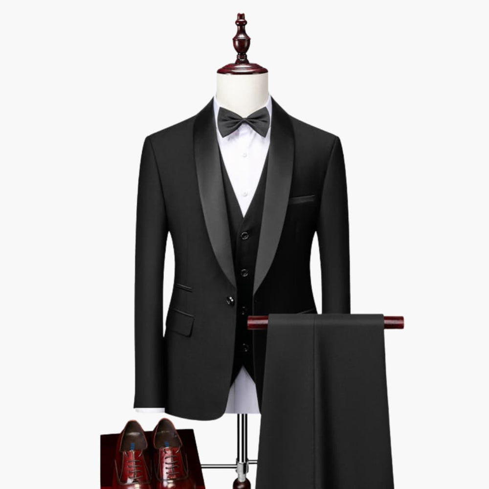Men's Three-Piece Formal Suit – Red Accents, Shawl Collar & Slim Fit