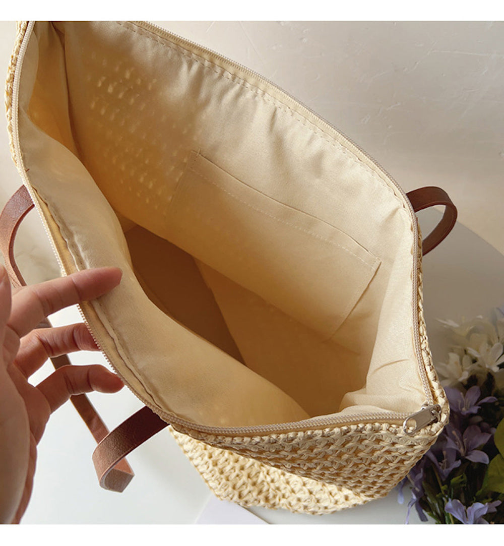 Woven Rattan Basket Bag – Leather Handles, 30×33cm & Women's Shopper Tote