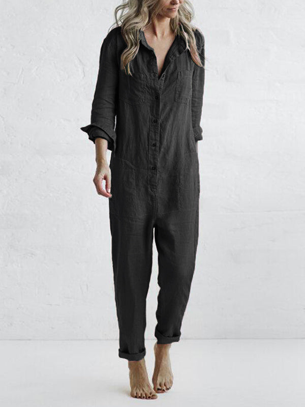 Liv – Casual Cotton Jumpsuit with Pockets - Black