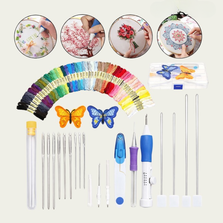 Embroidery Starter Kit – Water-Soluble Stick-On Patterns, 50 Thread Colors & Needles