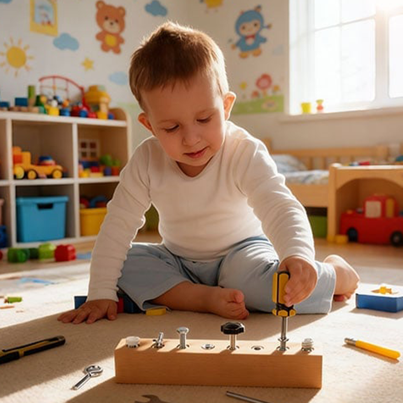 Holz Schraubbrett für Kinder – 8 verschiedene Befestiger für kreatives Lernen und Spiel