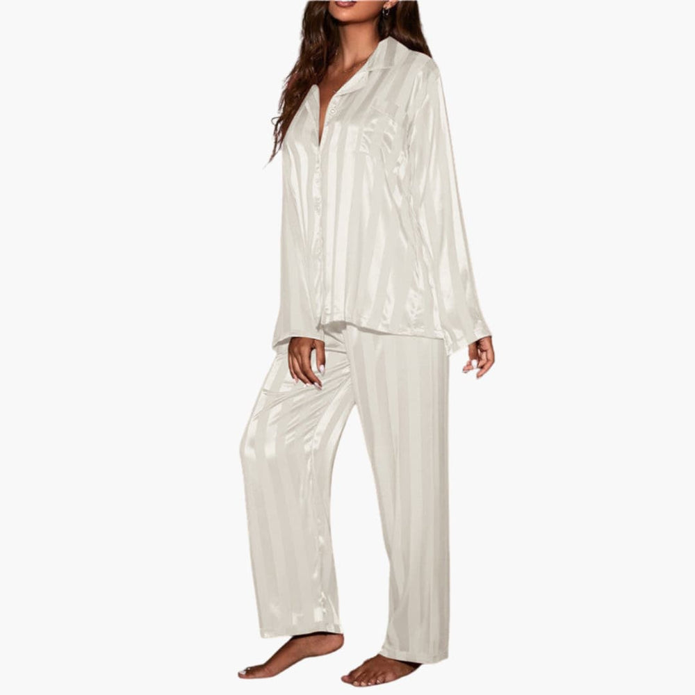 Women's Pajama Set – Satin, Button Top & Stripe Design