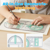 Geometry Ruler with Protractor – Transparent PP, Rotating Angle & Shape Stencils