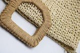 Woven Straw Beach Bag – Wooden Handle, Leather Strap & Spacious