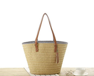 Women's Woven Beach Bag – Leather Handles, Tassel Accents & Spacious Interior