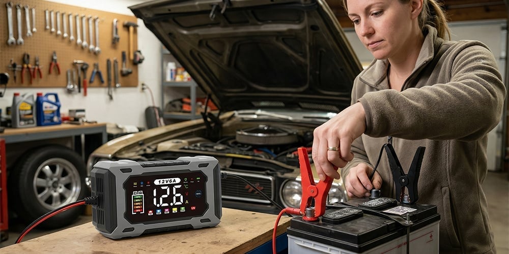 Smart Car Battery Charger 12V – 6A Automatic, LCD Display & Reverse Polarity Protection