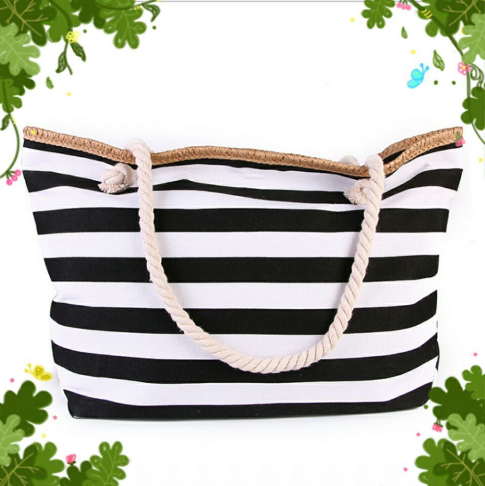 Striped Beach Tote Bag – Rope Handles, Spacious & Nautical Design