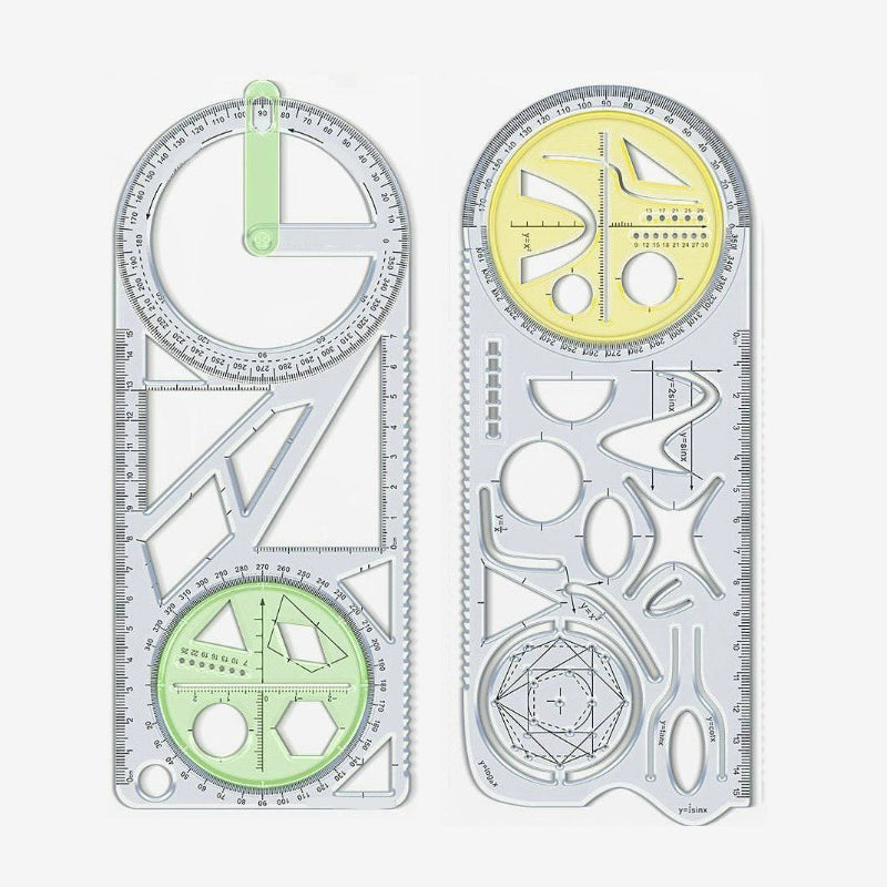 Geometry Ruler with Protractor – Transparent PP, Rotating Angle & Shape Stencils
