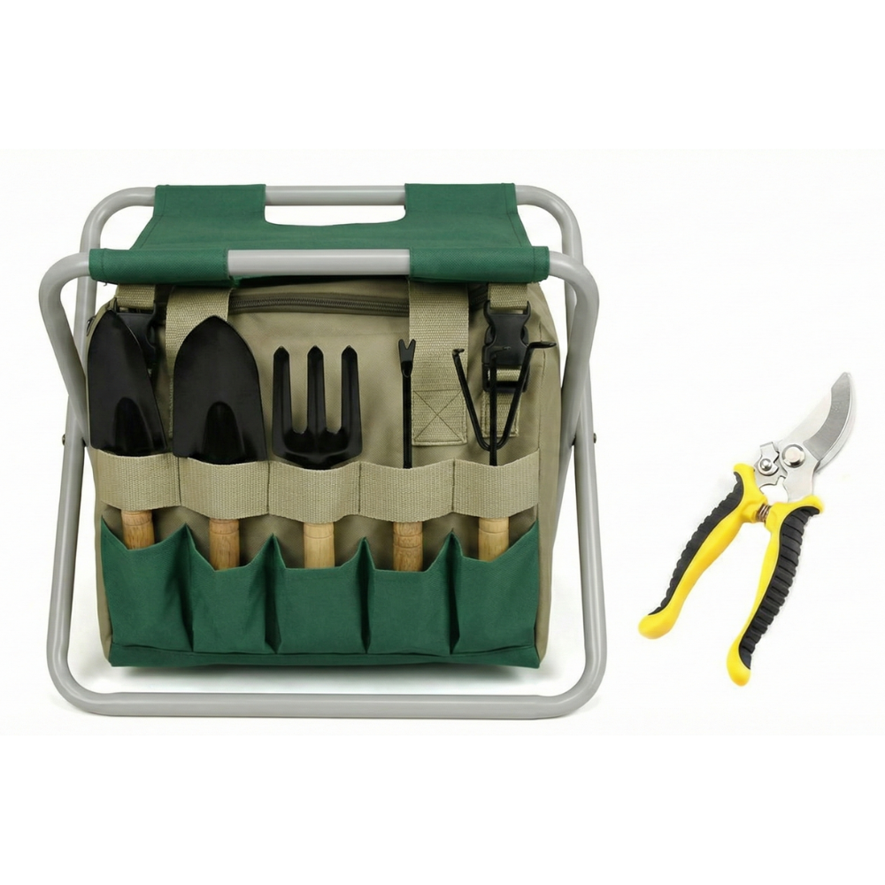 8-Piece Garden Tool Set – Stainless Steel, Folding Stool & Carry Bag