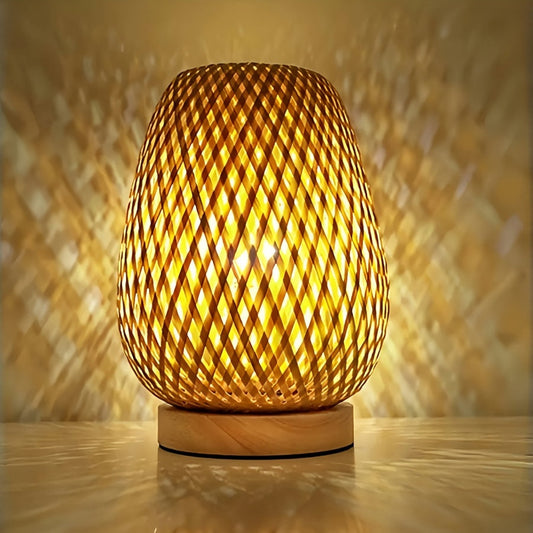 Bedside Lamp – Handmade Bamboo Woven Design, Dimmable Lighting & USB Powered